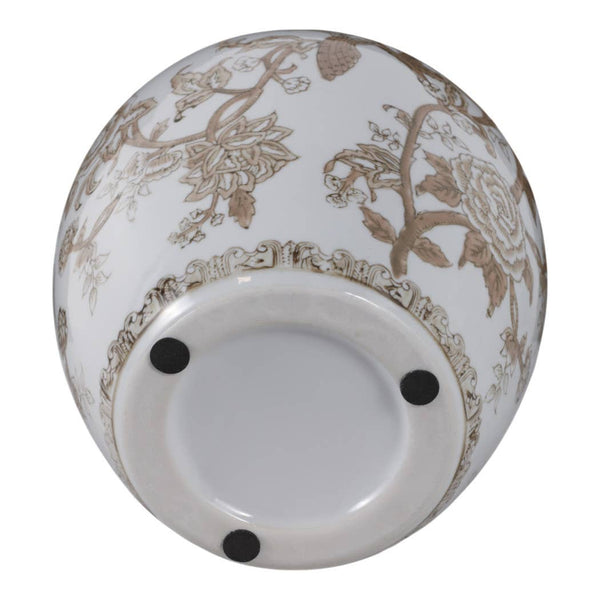 Brown & White Ceramic Bird and Vines Round Vase