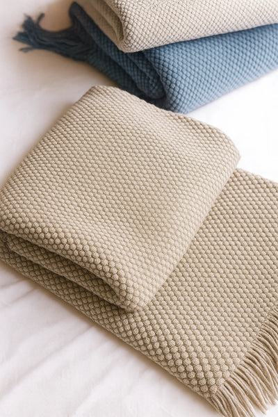 Khaki Textured Knit Throw Blanket with Fringe