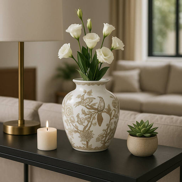 Brown & White Ceramic Bird and Vines Round Vase