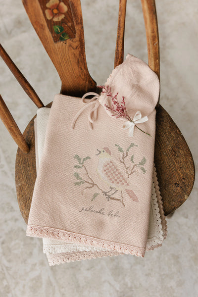 Peluche Rose Knit Cross Stitch Blanket and Bonnet