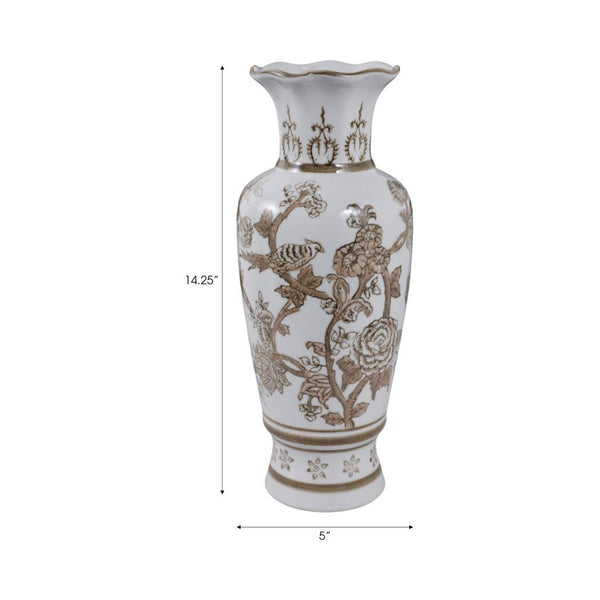 Brown & White Ceramic Bird and Vines Tall Vase