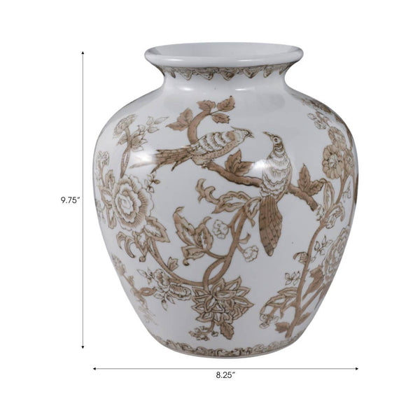 Brown & White Ceramic Bird and Vines Round Vase