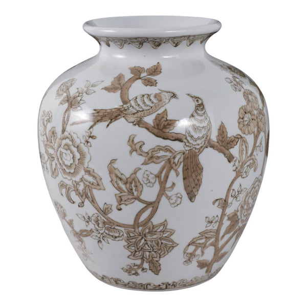 Brown & White Ceramic Bird and Vines Round Vase
