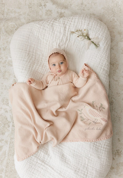 Peluche Rose Knit Cross Stitch Blanket and Bonnet