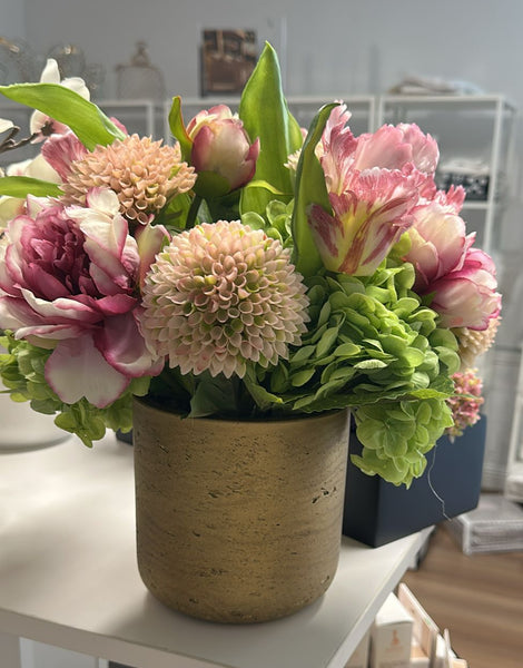 Pink Peony & Dahlia Arrangement in Gold Vase