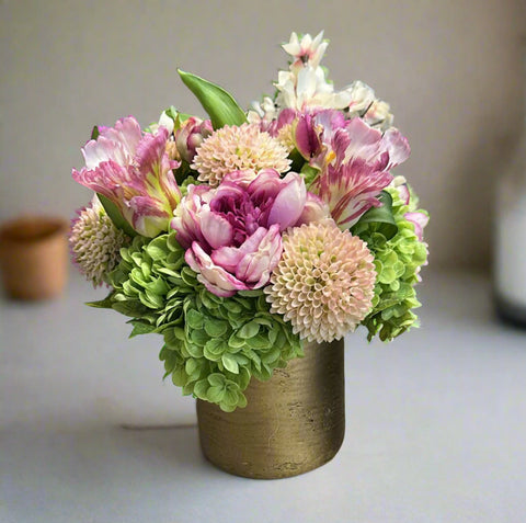 Pink Peony & Dahlia Arrangement in Gold Vase