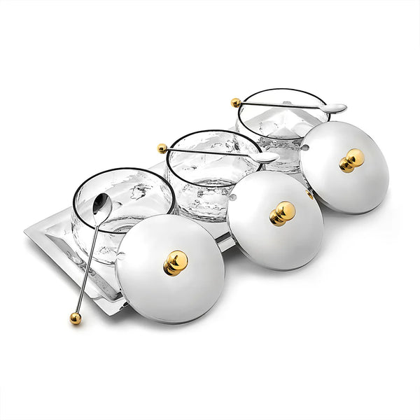 Sphere Stainless & Gold 3 Bowls & Tray Set