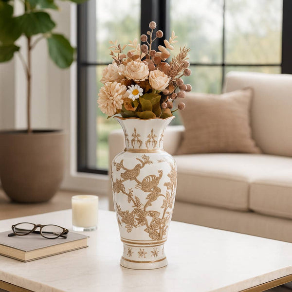 Brown & White Ceramic Bird and Vines Tall Vase