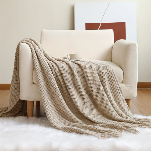 Khaki Textured Knit Throw Blanket with Fringe