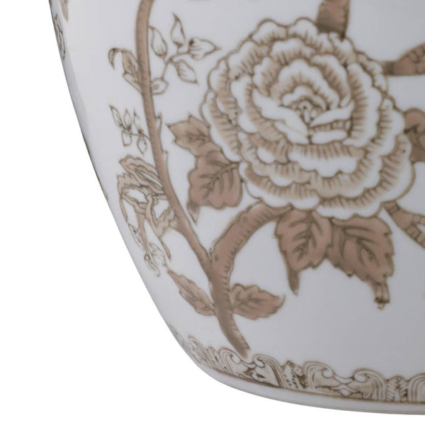 Brown & White Ceramic Bird and Vines Round Vase