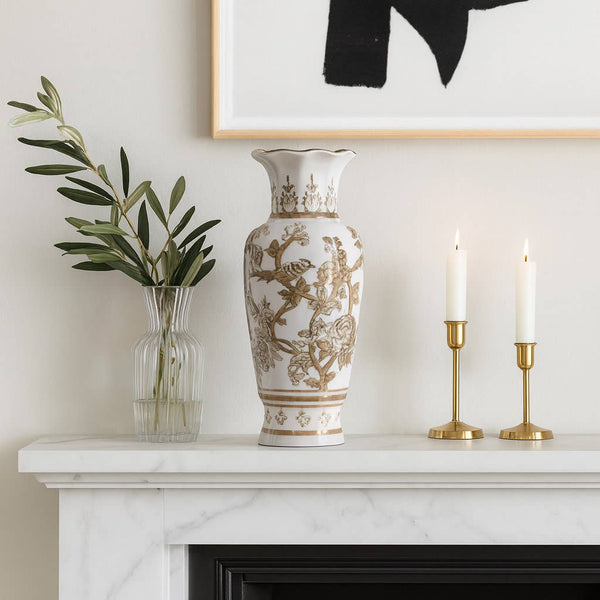 Brown & White Ceramic Bird and Vines Tall Vase