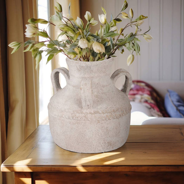Ivory Terracotta Amphora Triple Handle Jug, 12 in